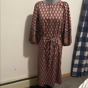 LOFT Burgundy and Gold Long Sleeve Dress